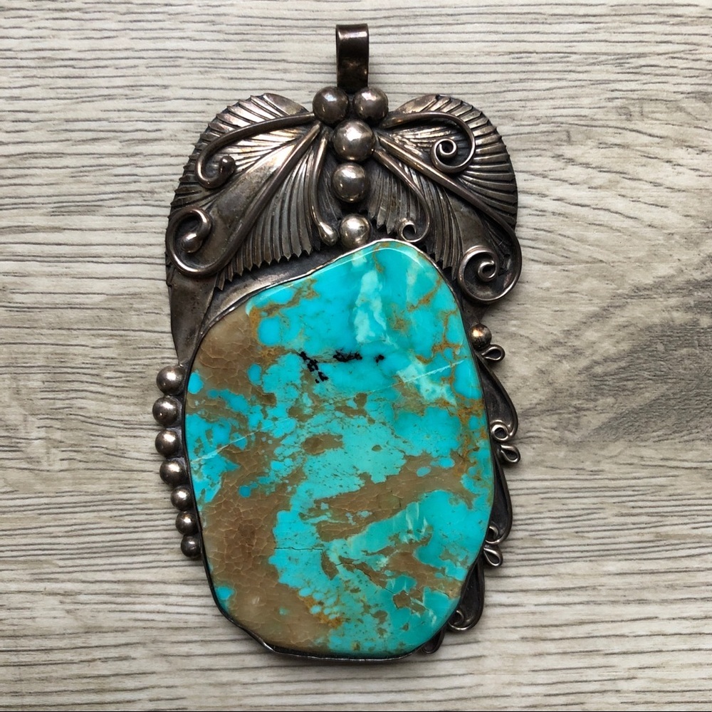HUGE Vintage Navajo Kingman Turquoise 925 Sterling Silver Pendant Statemnt Piece - Picture 6 of 17